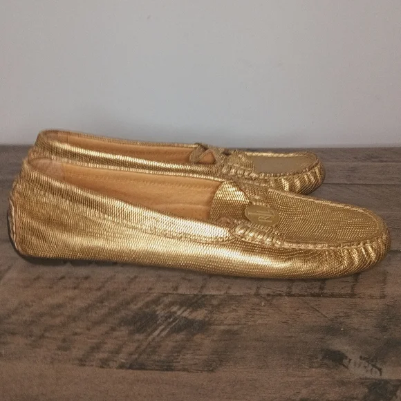 Lauren Ralph Lauren Leather Carley Gold Driving Moccasins NWOT/B - Picture 2 of 8
